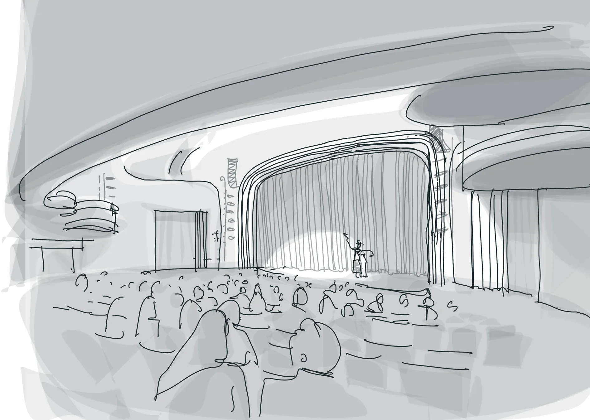 Concept sketch of the restored auditorium, a conductor before a full house beneath the curved ceiling